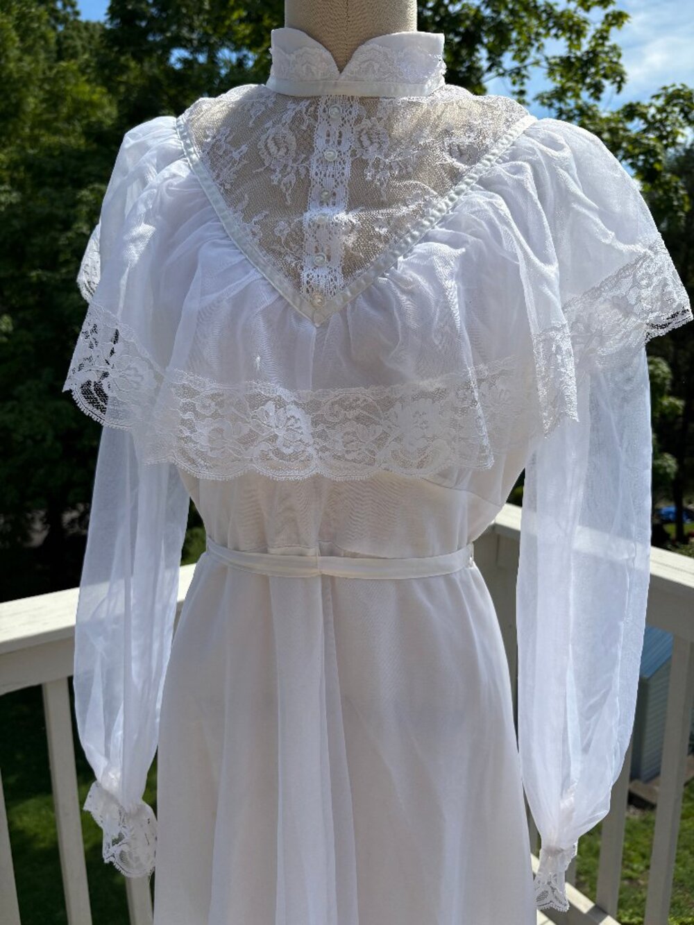 Vintage 1970s White Dress Gown Medium Union Made USA Lace Sheer Bridal Wedding